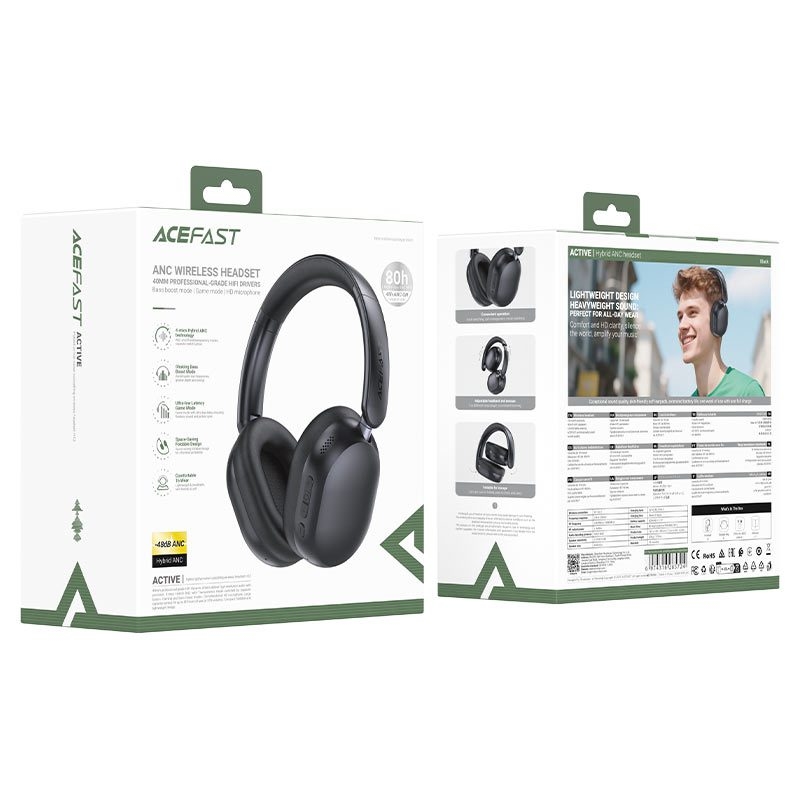 Acefast H12 hybrid active noise cancelling wireless headset black