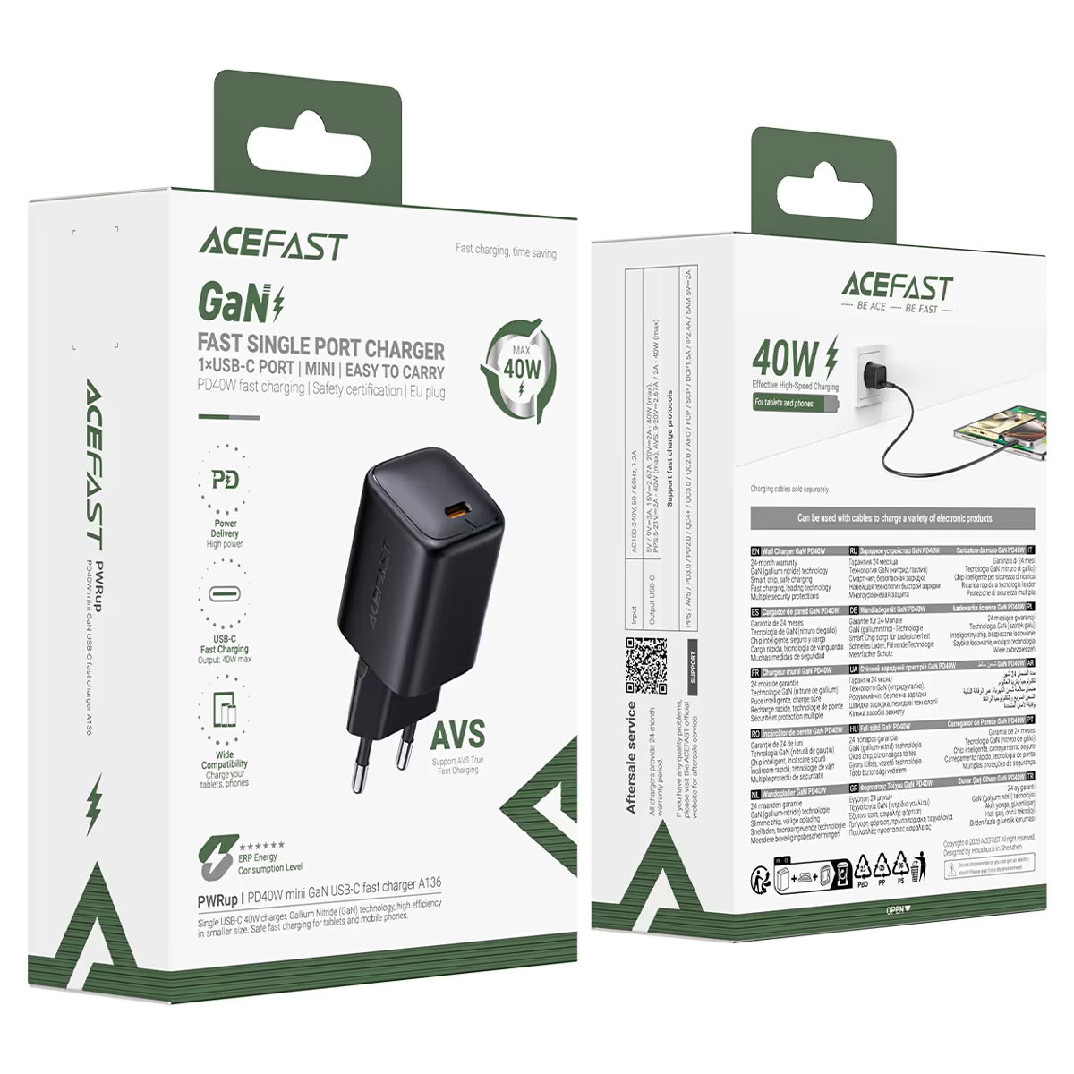 Acefast A136 PD40W mini GaN USB-C fast charger,black(EU)