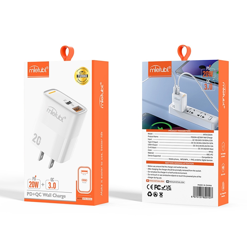Mietubl Charger CS03 Dual USB+Type-C PD20W QC3.0 MTB-CS03E White