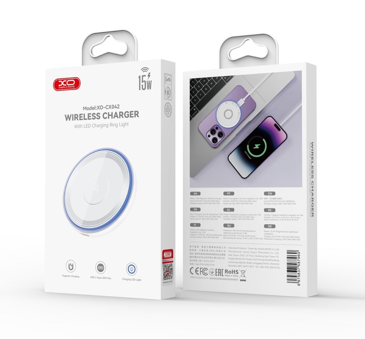 XO CX042 Blue Light Desktop Magnetic 15W Wireless Charger White