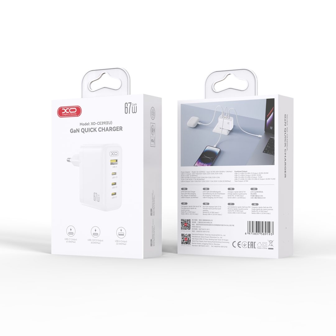 XO CE39(EU) 67W GaN Fast Charger (3x USB-C 67W / 1x USB-A 22.5W) White