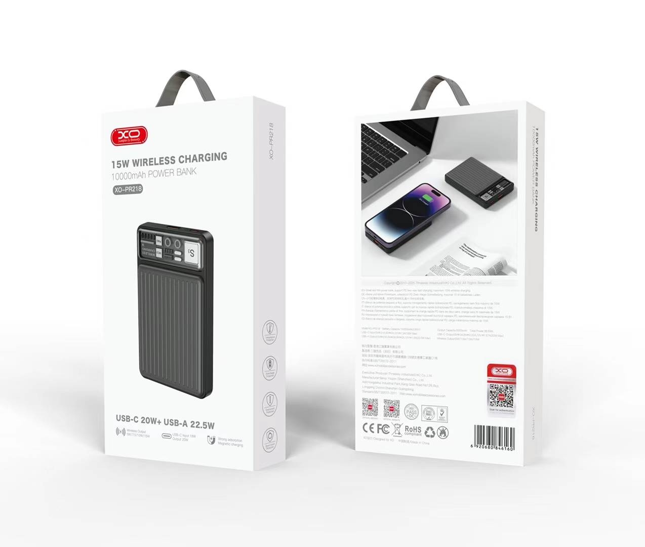 xo PR294 Metal Magnetic Fast Charging Power Bank (15W Wireless Charging + USB-C 20W) 10000mAh gray