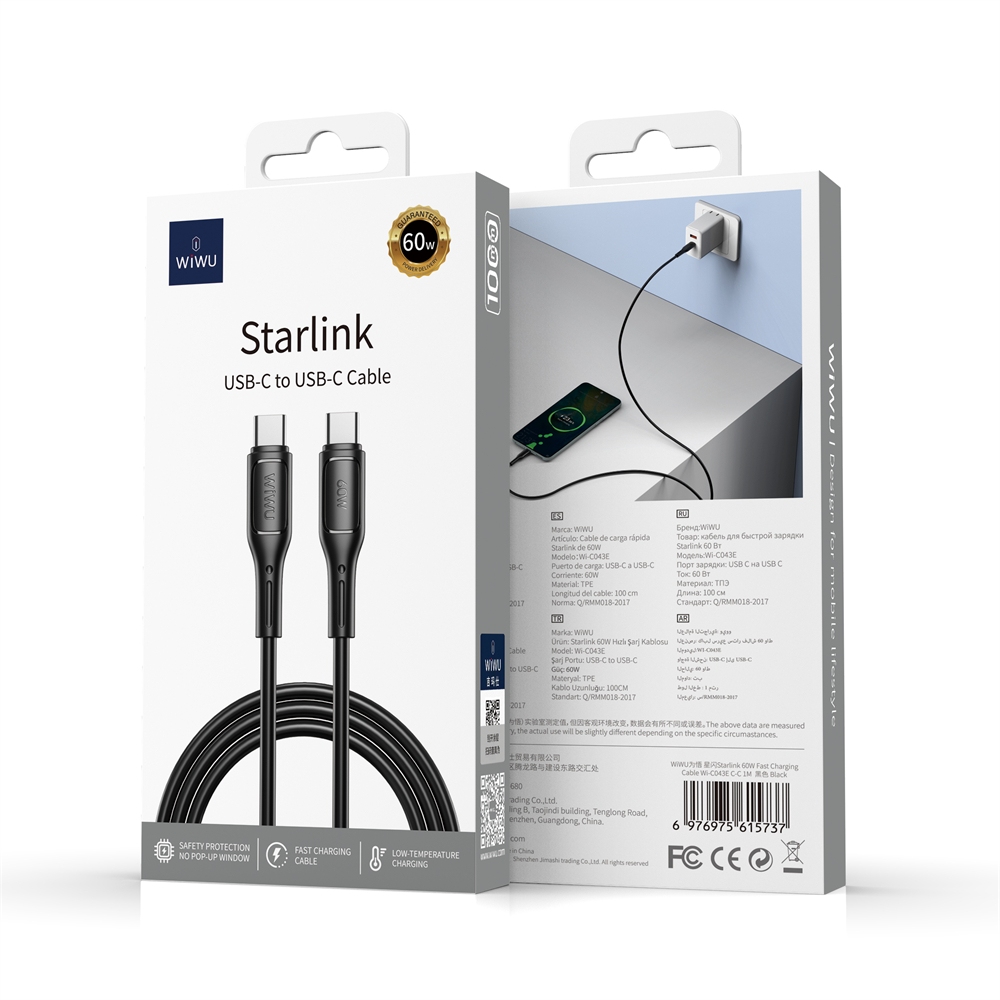 Wiwu Wi-C043E C-C USB-C USB-C Starlink Fast Charging Data Cable Black