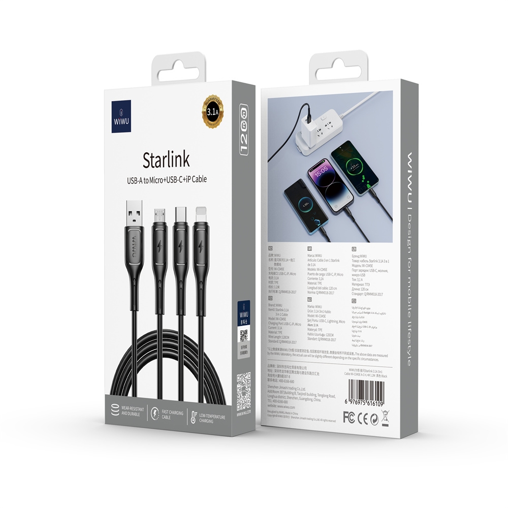 Wiwu Wi-C045E A-C+L+M USB 3in1 Starlink Series 3in1 Cable Black