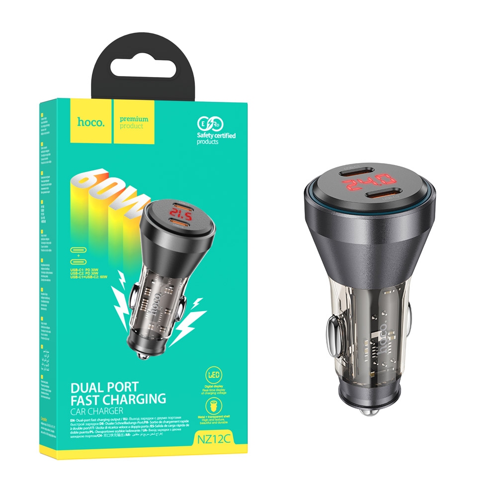 NZ12C Graceful PD60W(2C) car charger with digital display transparent black
