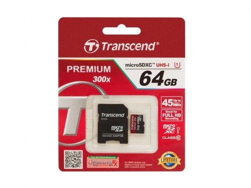 64GB MicroSD (Class 10) UHS-I (U1),+SD adapter, Transcend 'TS64GUSD300S-A' (R/W:95/45MB/s)