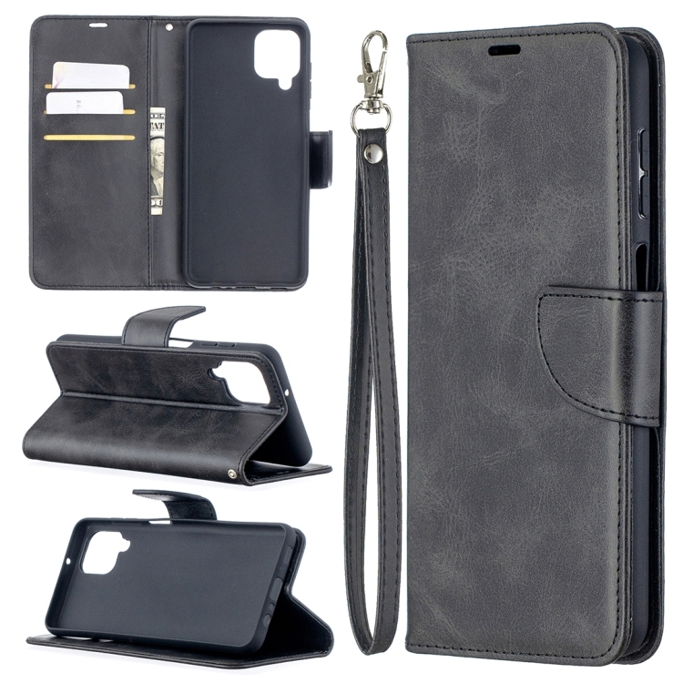 Husa Extra Samsung A12 Retro Lambskin Texture Pure Color Horizontal Carte PU Piele(Black)
