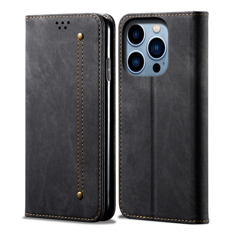 iPhone 14 Pro Denim Texture Casual Style Piele Husa (Black)