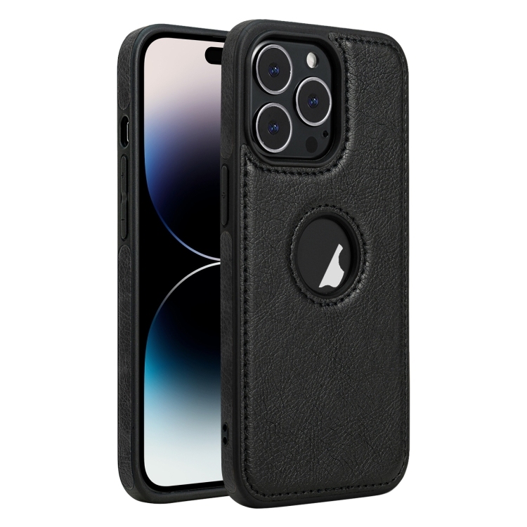 iPhone 14 Pro Piele Texture Stitching Husa (Black)