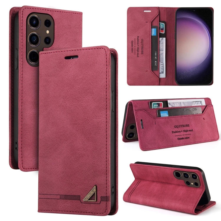 Samsung S24 Ultra 5G Skin Feel Anti-theft Brush Carte Piele Husa with Holder (Wine Red)