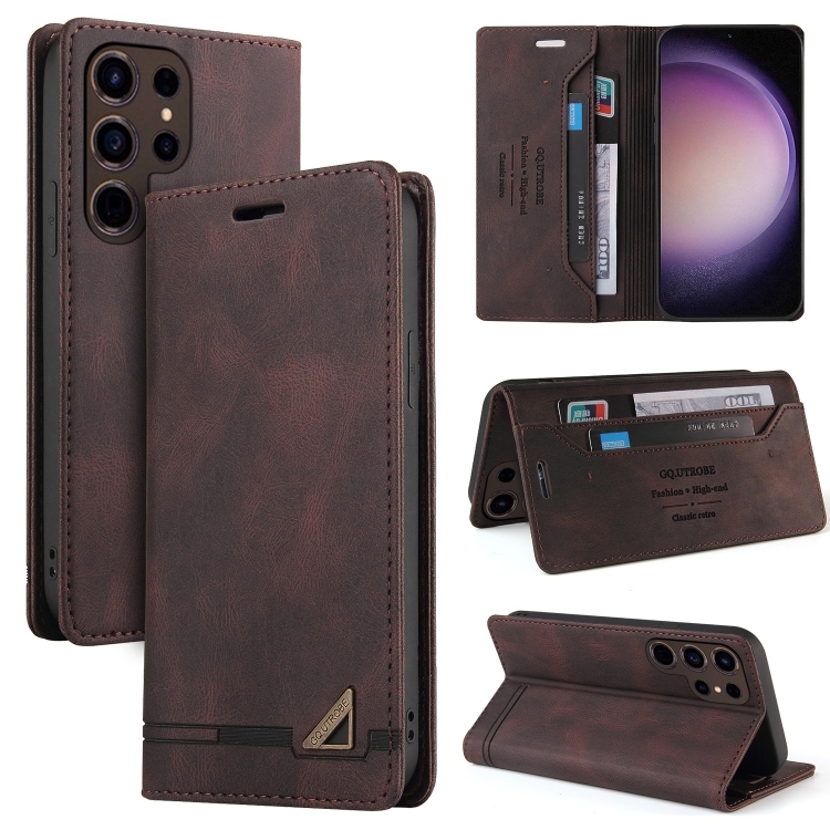 Samsung Galaxy S24 Ultra 5G Skin Feel Anti-theft Brush Carte Leather Husa with Holder(Brown)