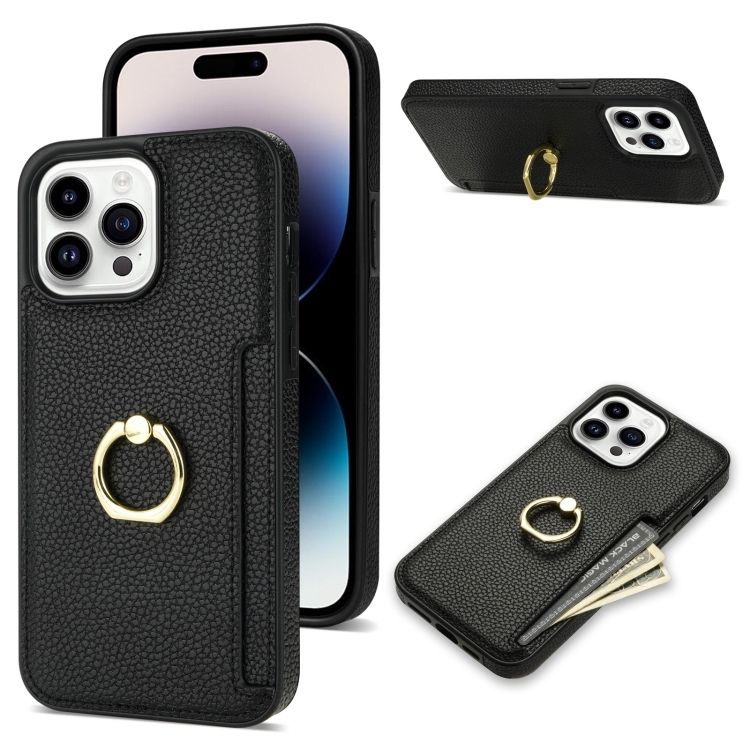 iPhone 14 Pro Ring Card Litchi Piele Back Husa (Black)