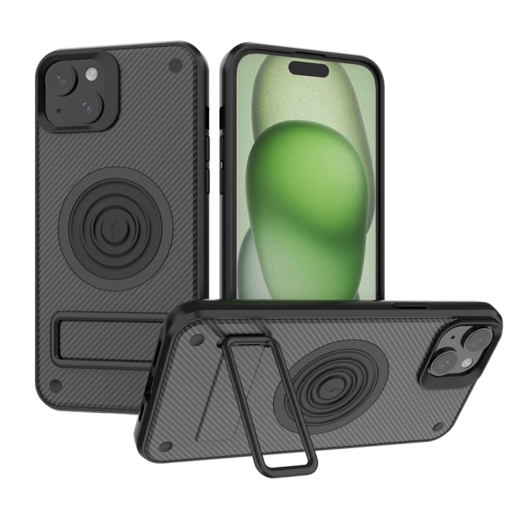 iPhone 15 Plus Carbon Fiber Texture PC + TPU Husawith Metal Holder (Black)