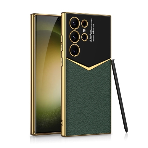 Samsung Galaxy S24 Ultra 5G GKK Plating Soft TPU + Piele Phone Husa without Pen (Green)