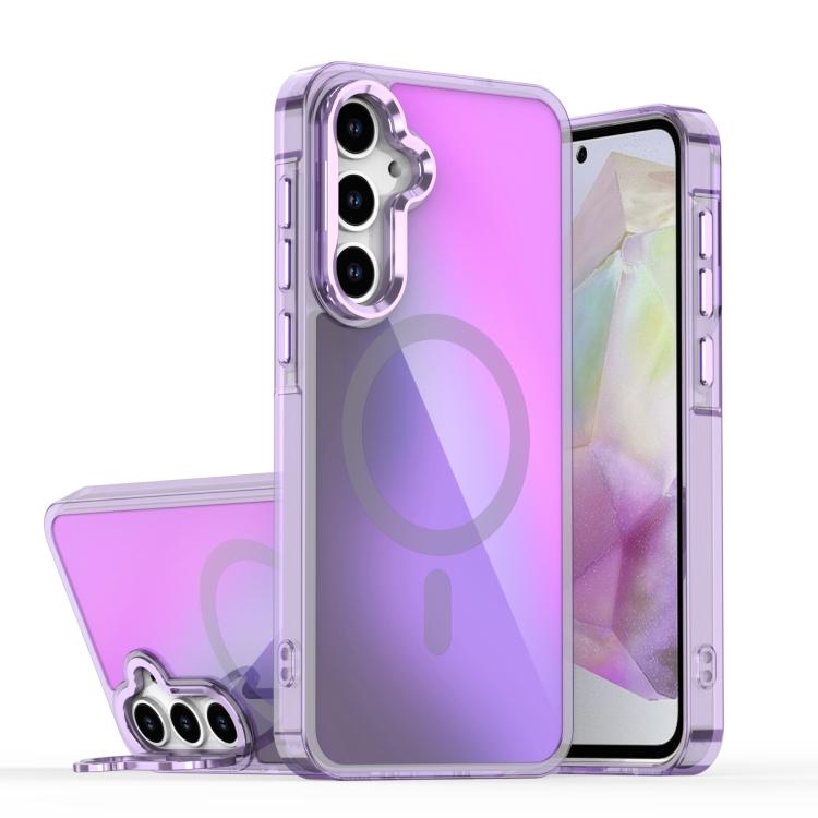 Samsung A35 5G Plating Gradient Discolor MagSafe Phone Husa with Holder (Purple)