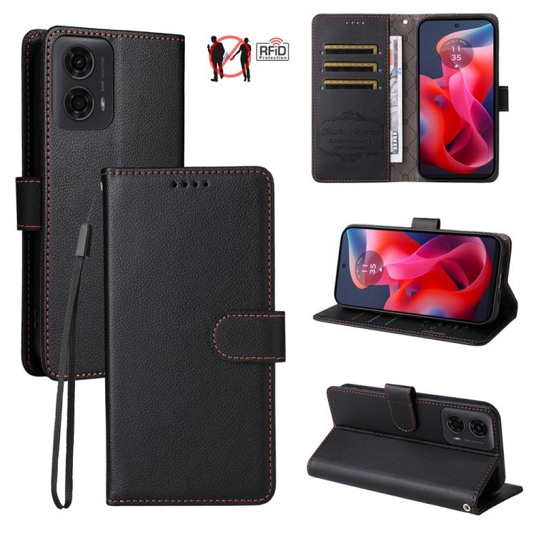 Motorola Moto G24 / G04 / G04s / E14 Litchi Texture RFID Blocking 3-Card Wallet Piele Phone Husa (Bl