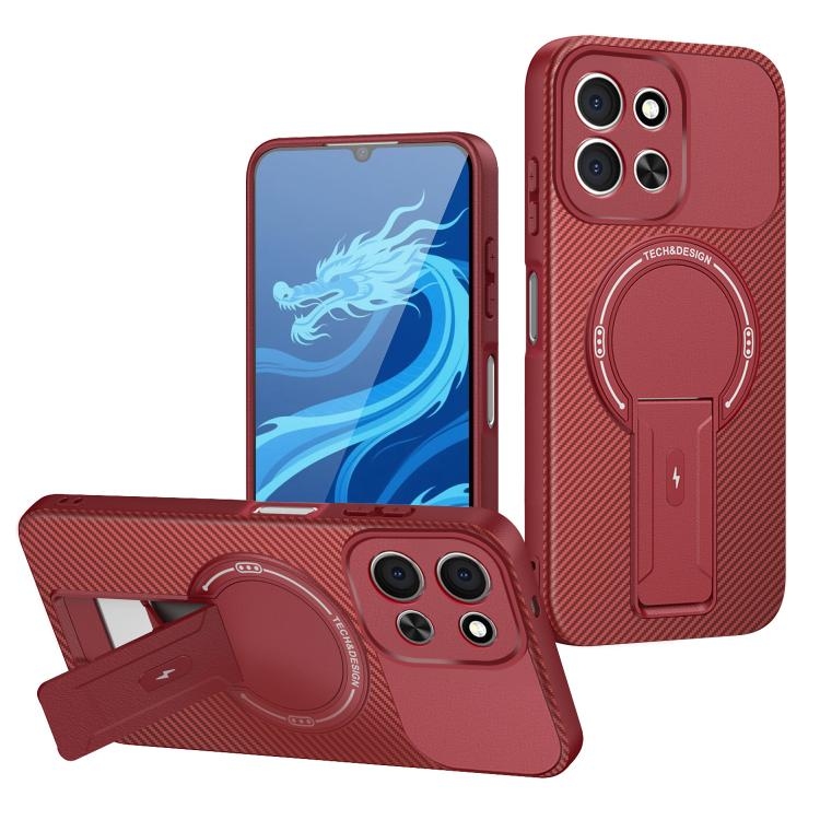 Redmi 15C 5G / 4G EU 173mm Carbon Fiber Texture MagSafe Phone Husa with Holder (Red)