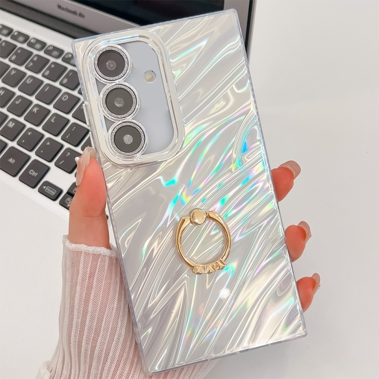 Samsung Galaxy A36 5G Plating Glitter Ring Holder TPU Phone Husa with Lens Film (White Water Ripples