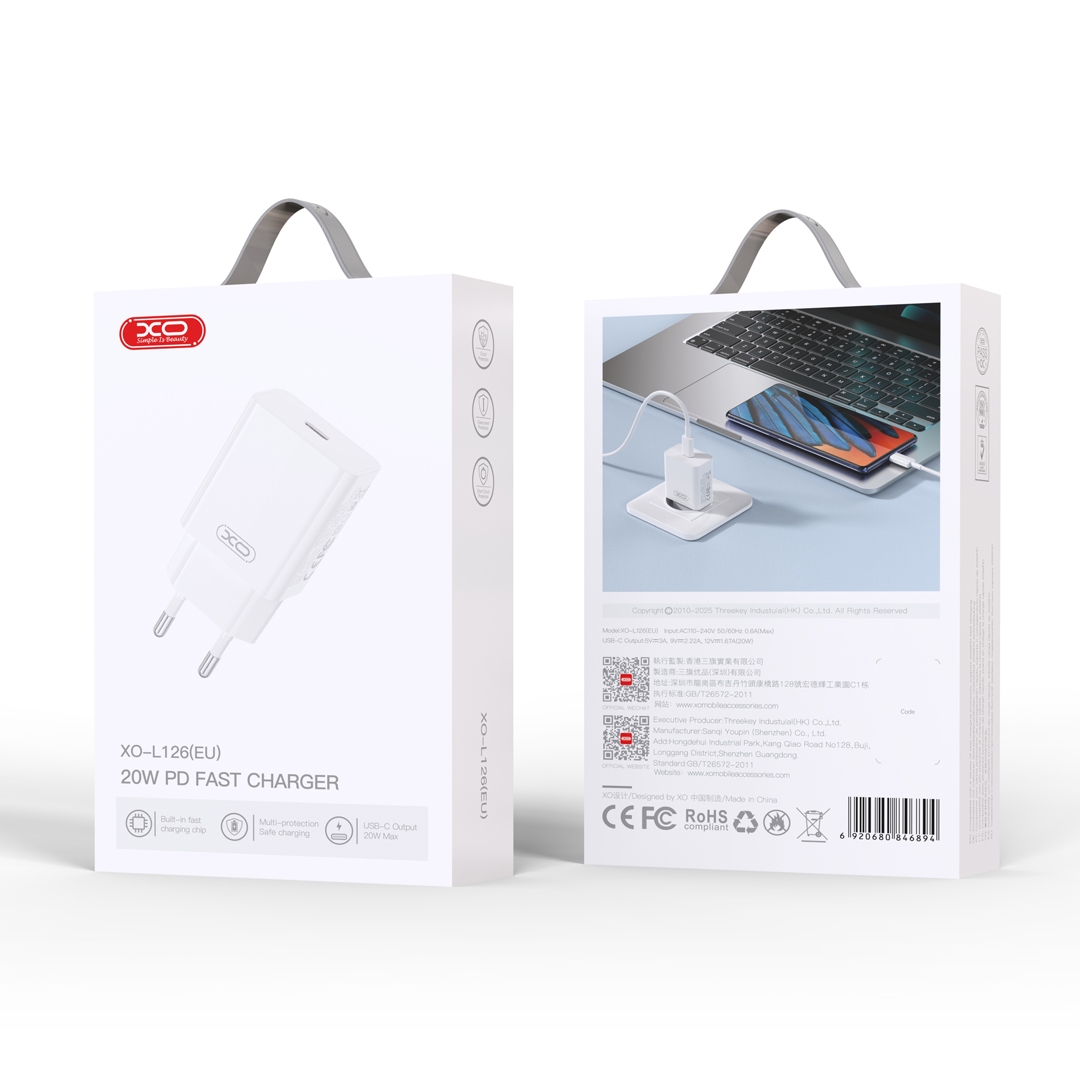 XO L126 USB-C PD20W Fast Charger White