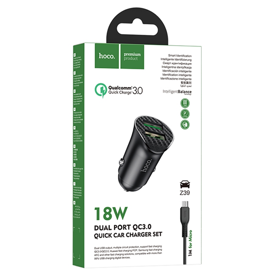 Hoco Z39 Farsighted dual port QC3.0 Car charger set(Micro)